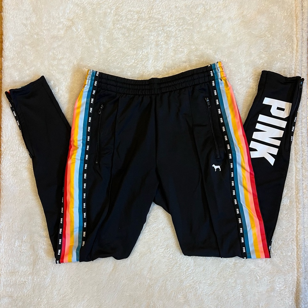 PINK Victoria's Secret Black Joggers with Multicolor Stripes